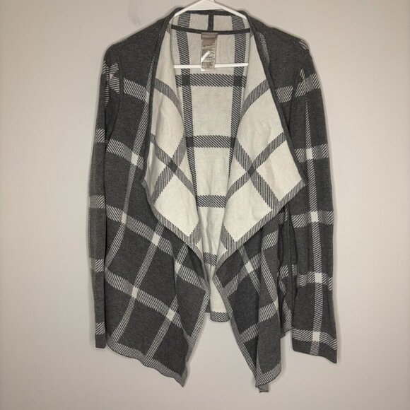 CHICO'S Cardigan Women M (1) Grey White Plaid Open Front Stretch - Picture 1 of 4
